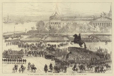 Das russische Bicentennial-Festival in St. Petersburg, religiöse Zeremonie vor der Statue von Peter dem Großen